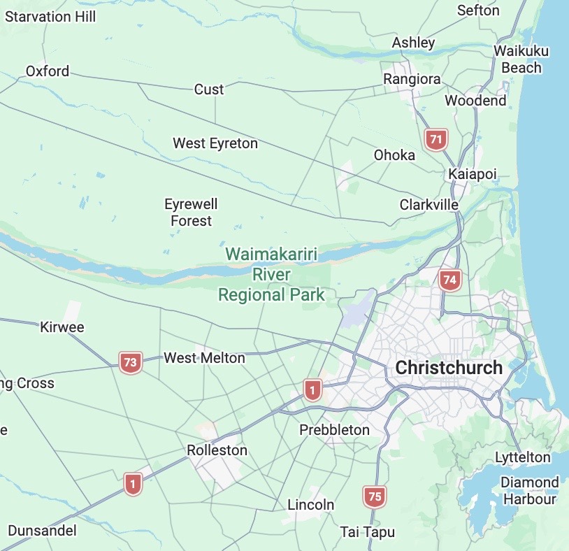 Map of the wider Streb service area including the Selwyn and Waimakariri districts: Rolleston, Lincoln, West Melton, Rangiora, Kaiapoi, Woodend, Oxford and Cust.