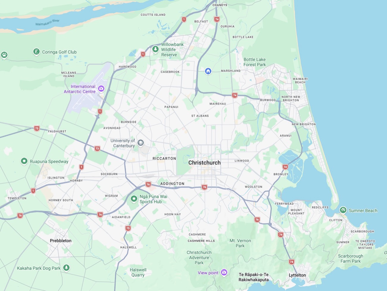 Map of Streb General Maintenance's service area across Christchurch city, from Belfast and Harewood to New Brighton, Riccarton, Hornby, Halswell, Sumner and Lyttelton.
